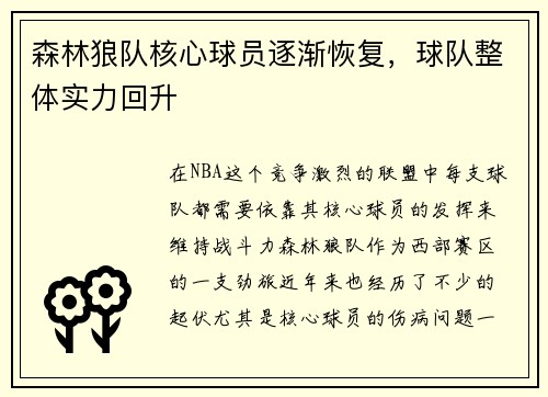 森林狼队核心球员逐渐恢复，球队整体实力回升