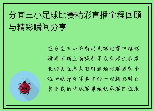 分宜三小足球比赛精彩直播全程回顾与精彩瞬间分享