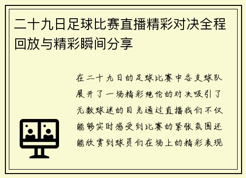 二十九日足球比赛直播精彩对决全程回放与精彩瞬间分享