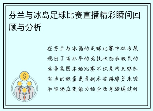 芬兰与冰岛足球比赛直播精彩瞬间回顾与分析